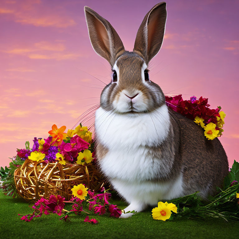 Brown and White Rabbit with Gold Wire Basket and Colorful Flowers on Purple Sky Background