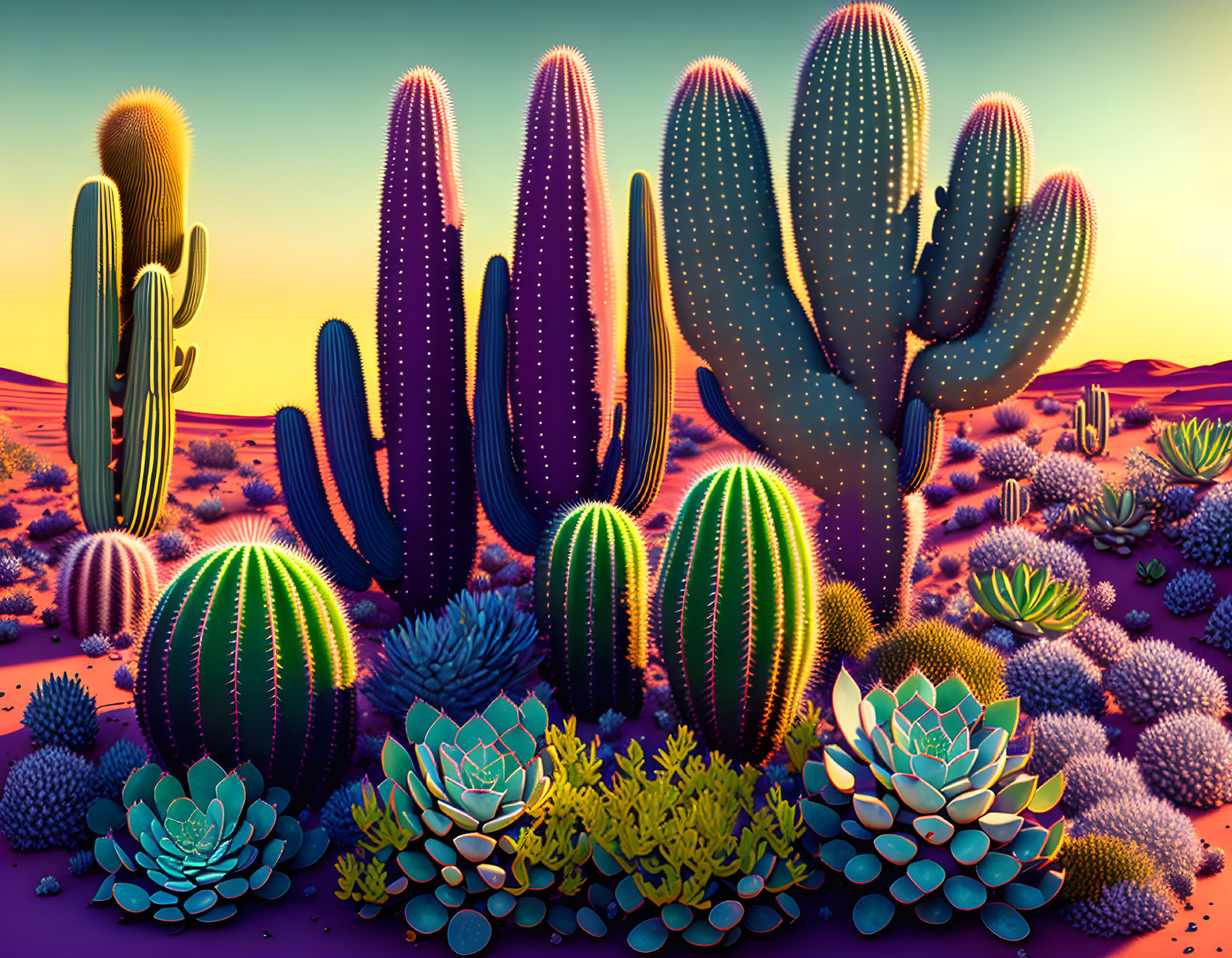 Colorful desert cacti and succulents under purple skies.