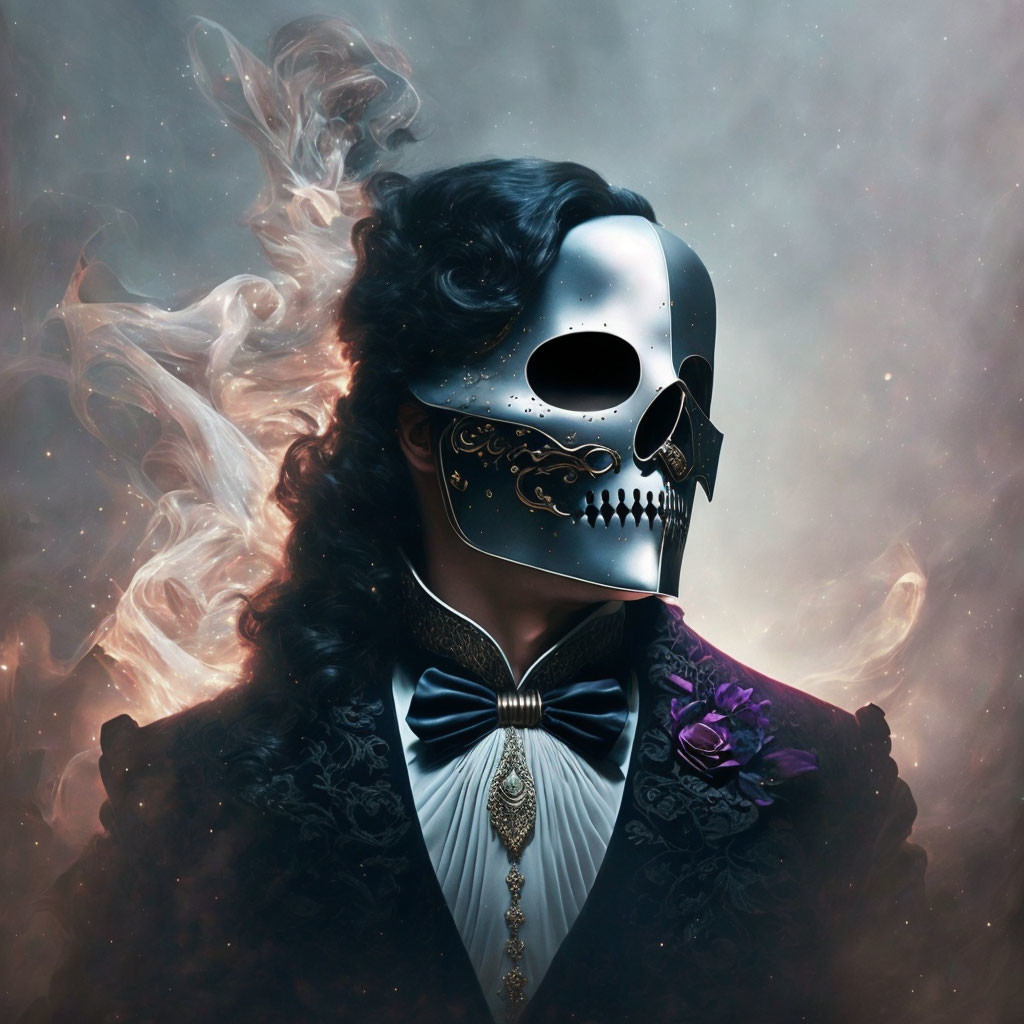 Person in Elegant Tuxedo with Skull Mask and Swirling Smoke