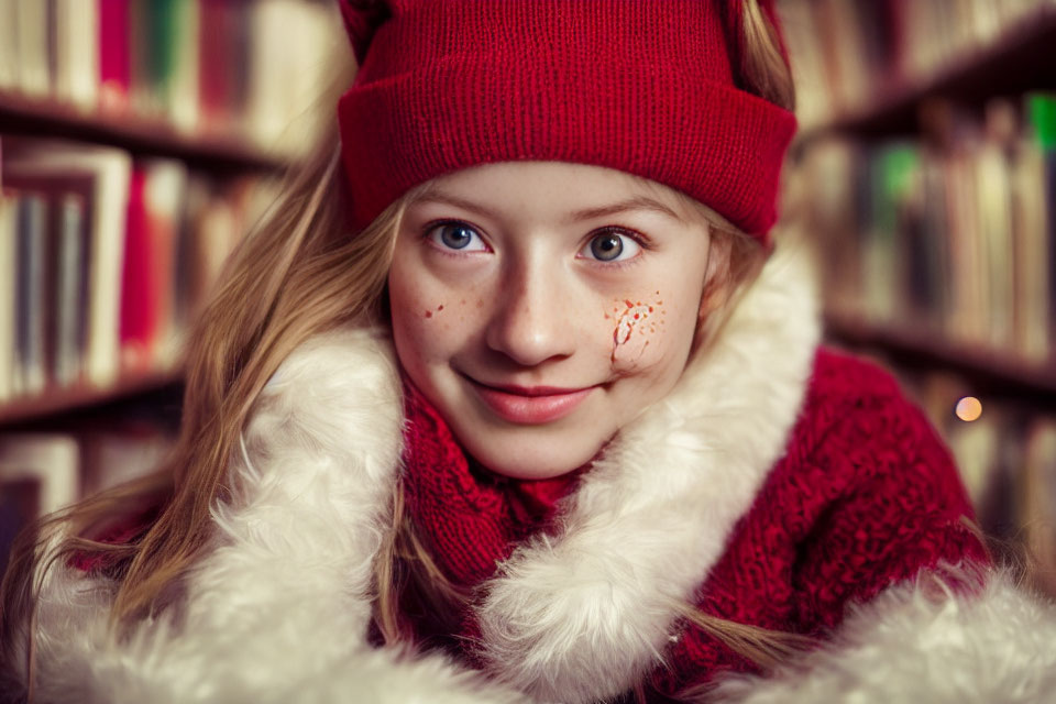 Blonde Girl in Red Hat and Sweater Smiling by Bookshelf