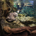 Tranquil pond scene: Sunlight on mossy rocks in clear water