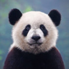 Giant panda's face with black and white markings in falling snowflakes