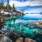 Colorful Watercolor Painting of Surreal Landscape with Trees and Lake