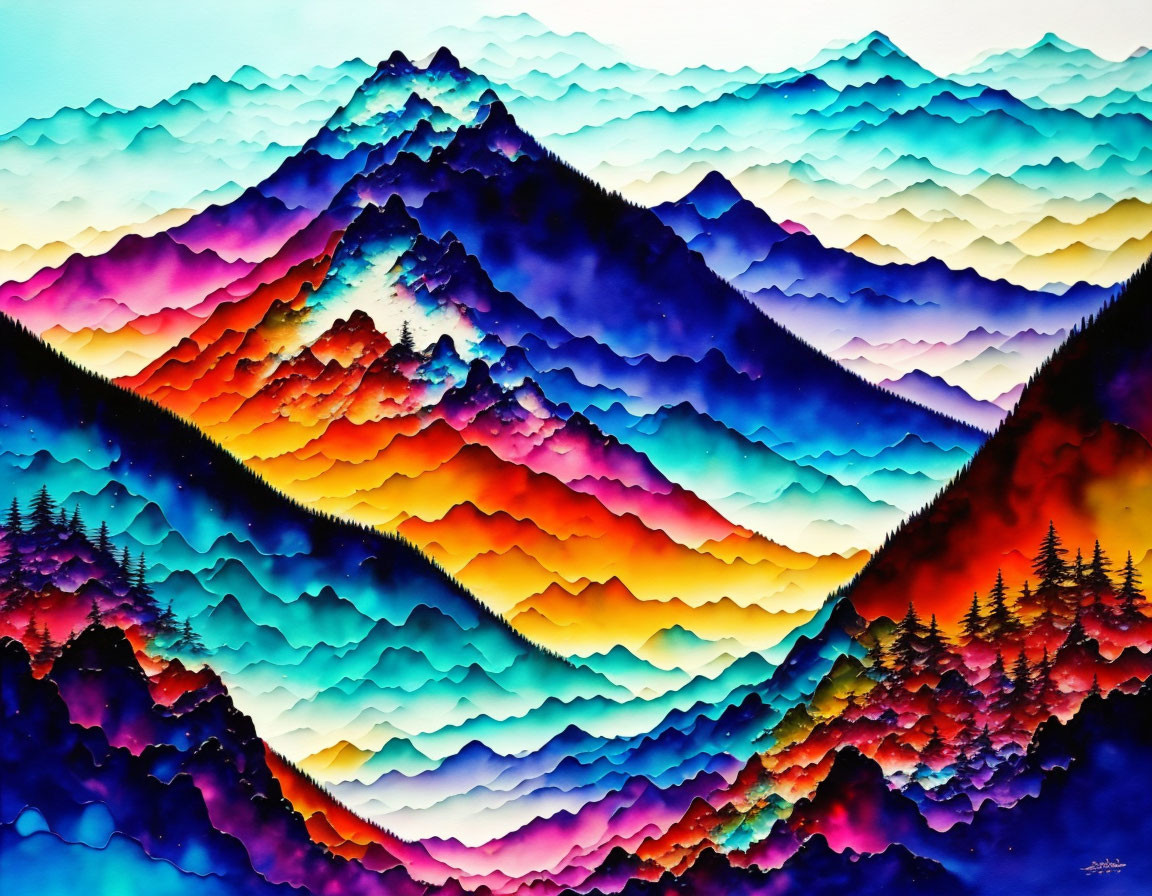 Colorful Watercolor Painting of Gradient Mountains & Silhouetted Pine Trees