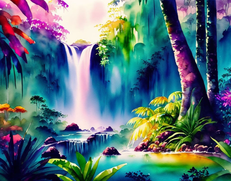 Colorful Watercolor Painting of Tropical Waterfall in Lush Jungle