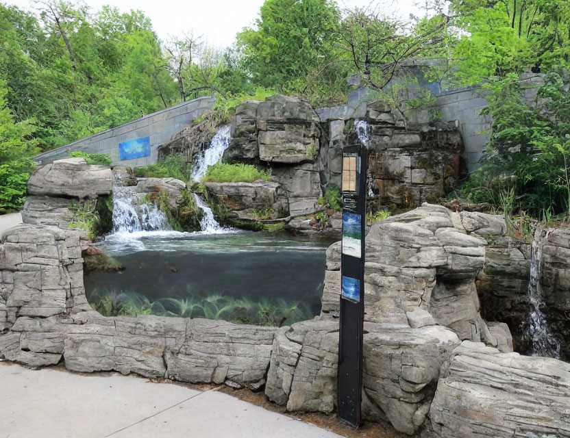 Scenic waterfall landscape with footbridge and lamp post