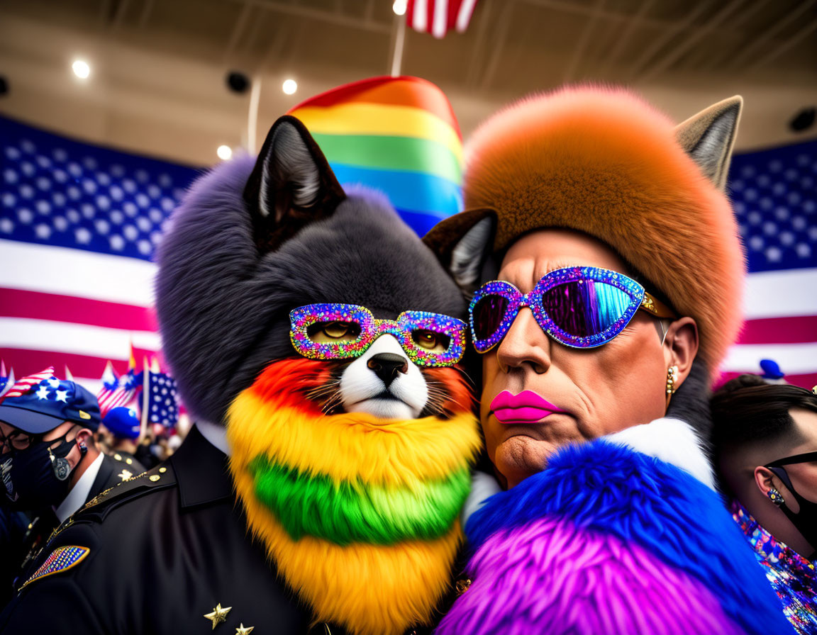 Colorful person and stylized dog in flamboyant attire with glasses against American flag.