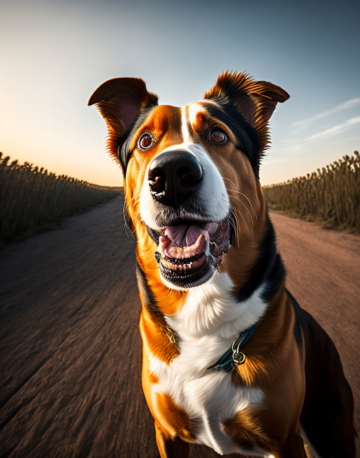 Attentive brown and white dog on rural road at sunset