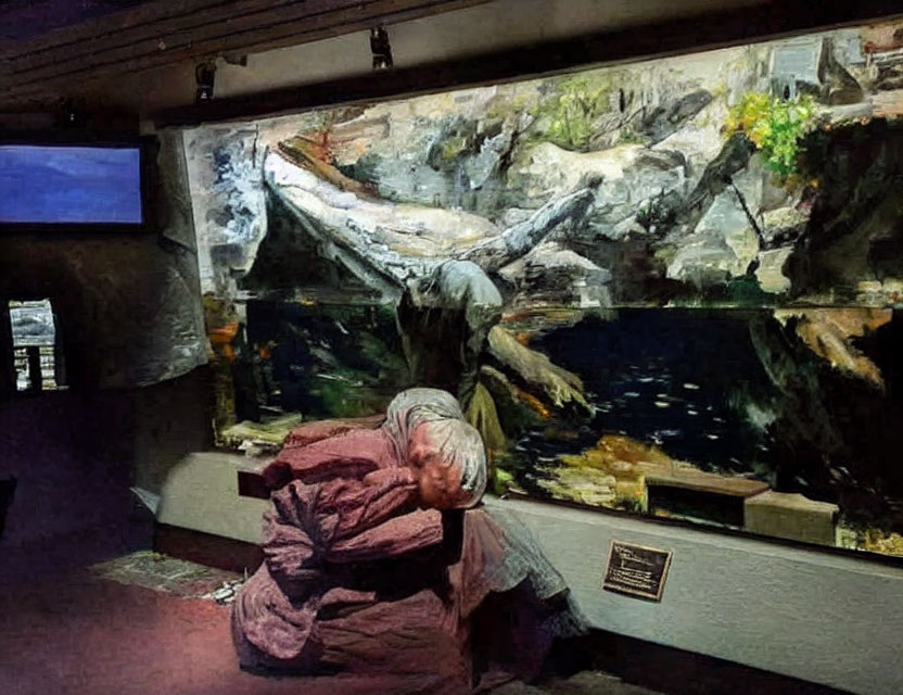 Pink-jacketed person views underwater diorama with whale model in dimly-lit room