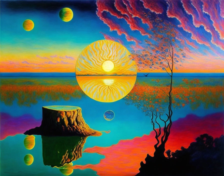 Colorful Surrealist Painting: Tree Stump Reflection, Sunset, Celestial Bodies