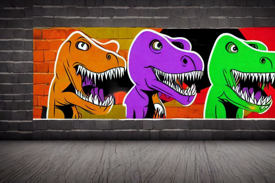 Vibrant cartoon-style T-rex graffiti on urban brick wall