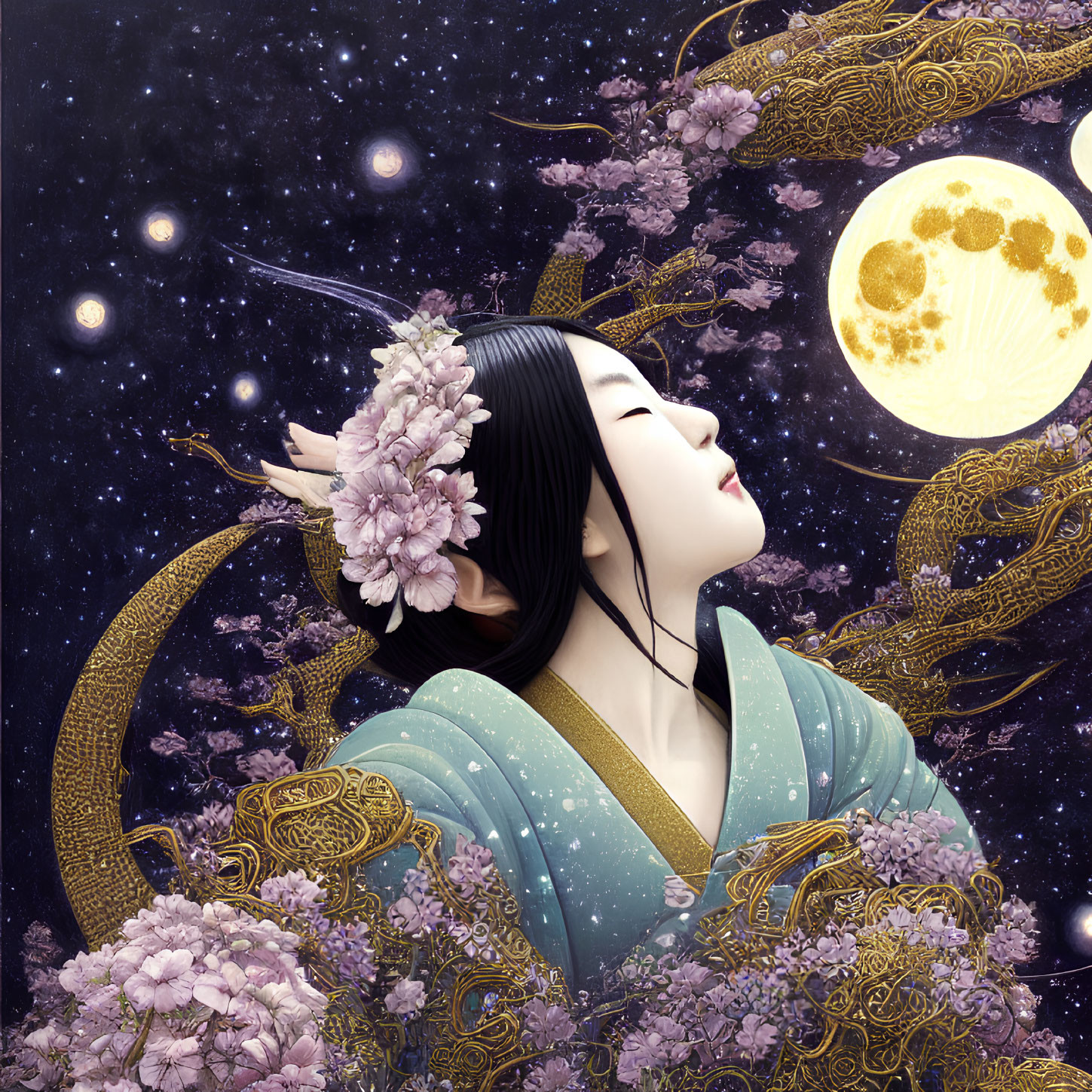 Traditional Attire Woman with Golden Dragon and Cherry Blossoms under Starry Sky