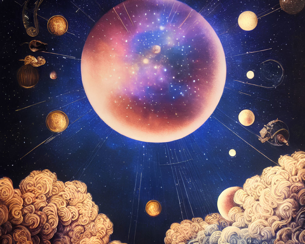 Illustration of large cosmic sphere with galaxy, celestial bodies, clouds, and telescope