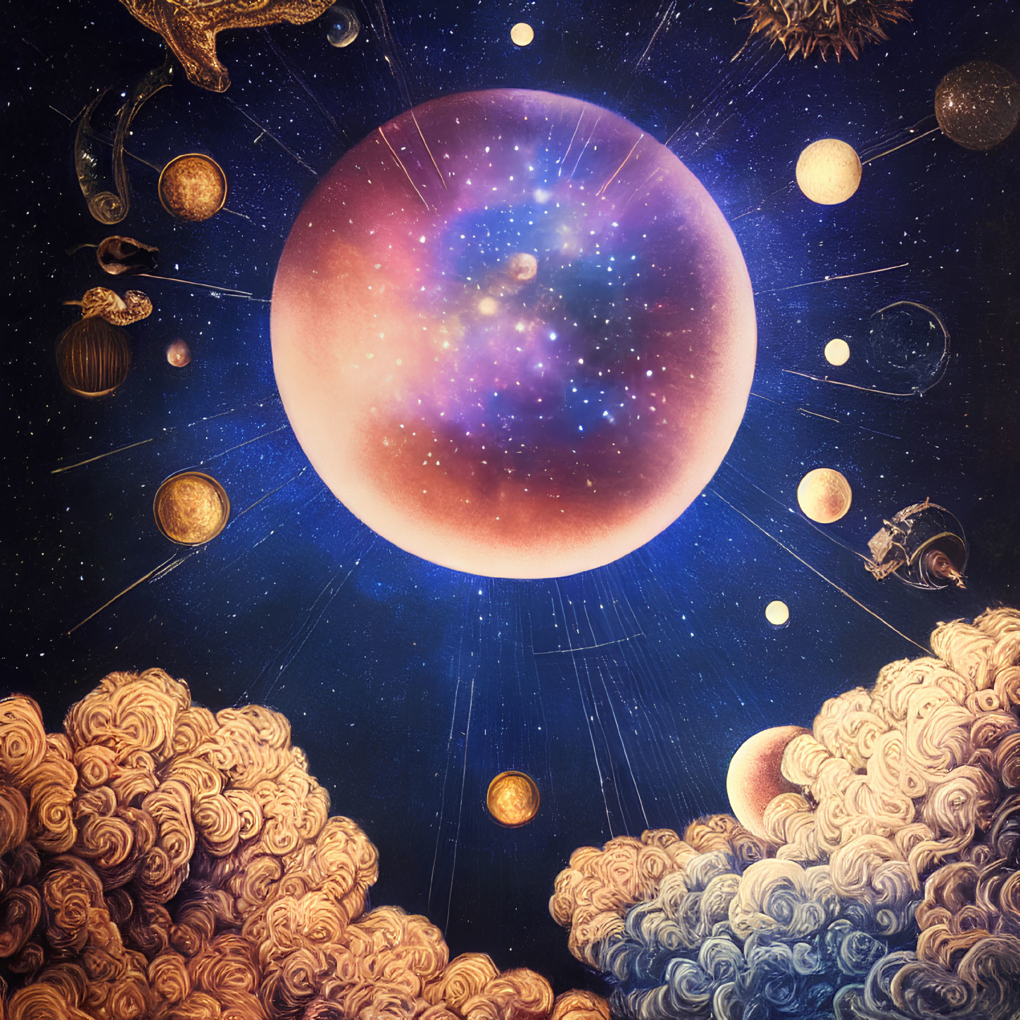 Illustration of large cosmic sphere with galaxy, celestial bodies, clouds, and telescope