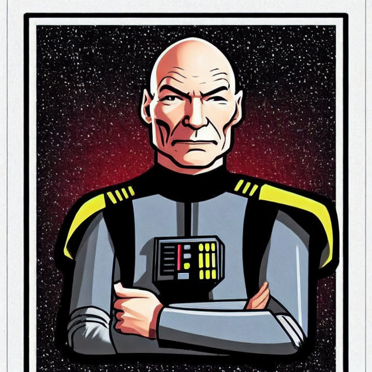 Bald Man in Gray and Black Uniform Against Starry Space Background