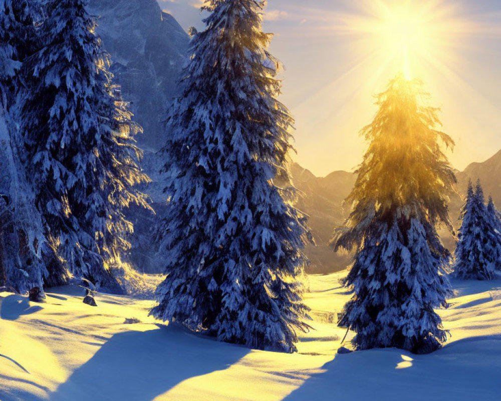 Winter Scene: Sunlight on Snowy Pine Trees & Mountains