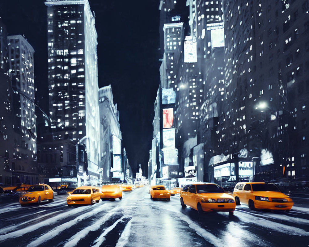 Cityscape at Night: Snowy Scene with Yellow Taxis, Tall Buildings, and Vibrant Bill