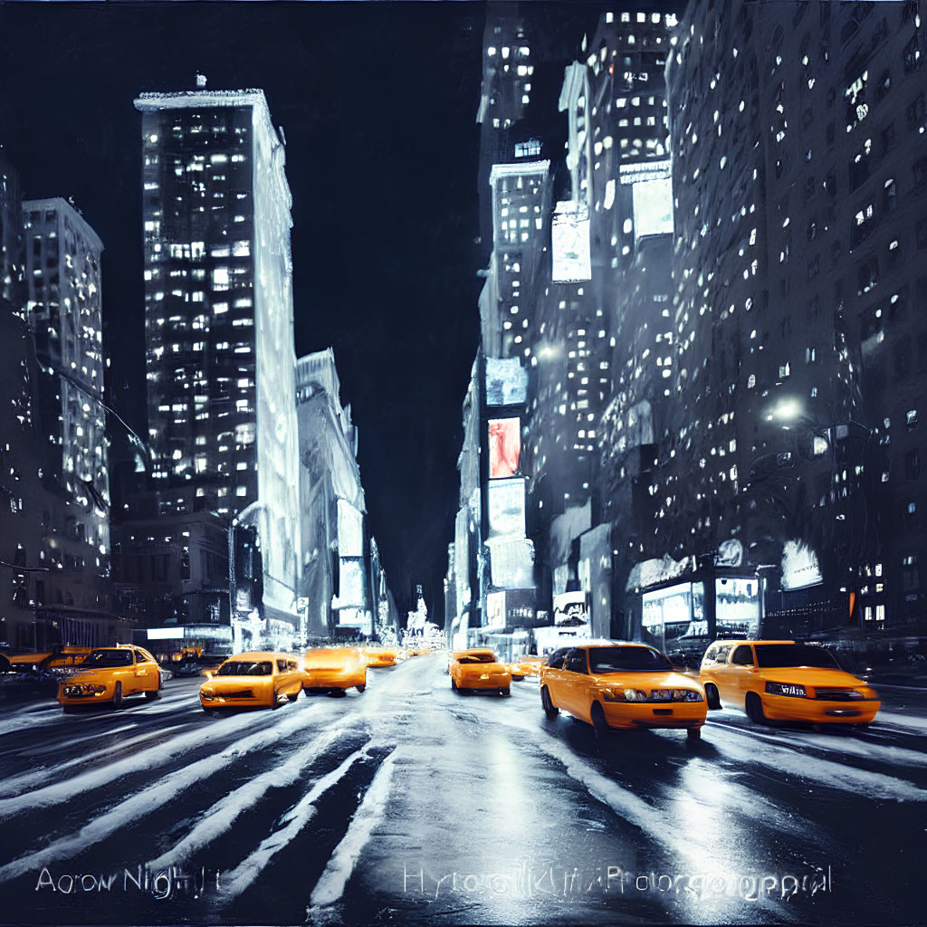 Cityscape at Night: Snowy Scene with Yellow Taxis, Tall Buildings, and Vibrant Bill