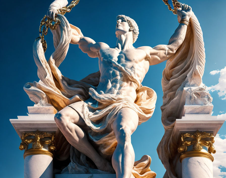 Marble statue of muscular male figure with drapery and golden chains against blue sky