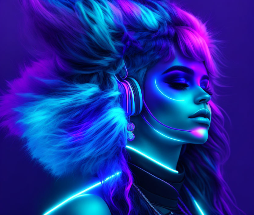 Vibrant cyberpunk portrait of woman with neon lighting and headphones