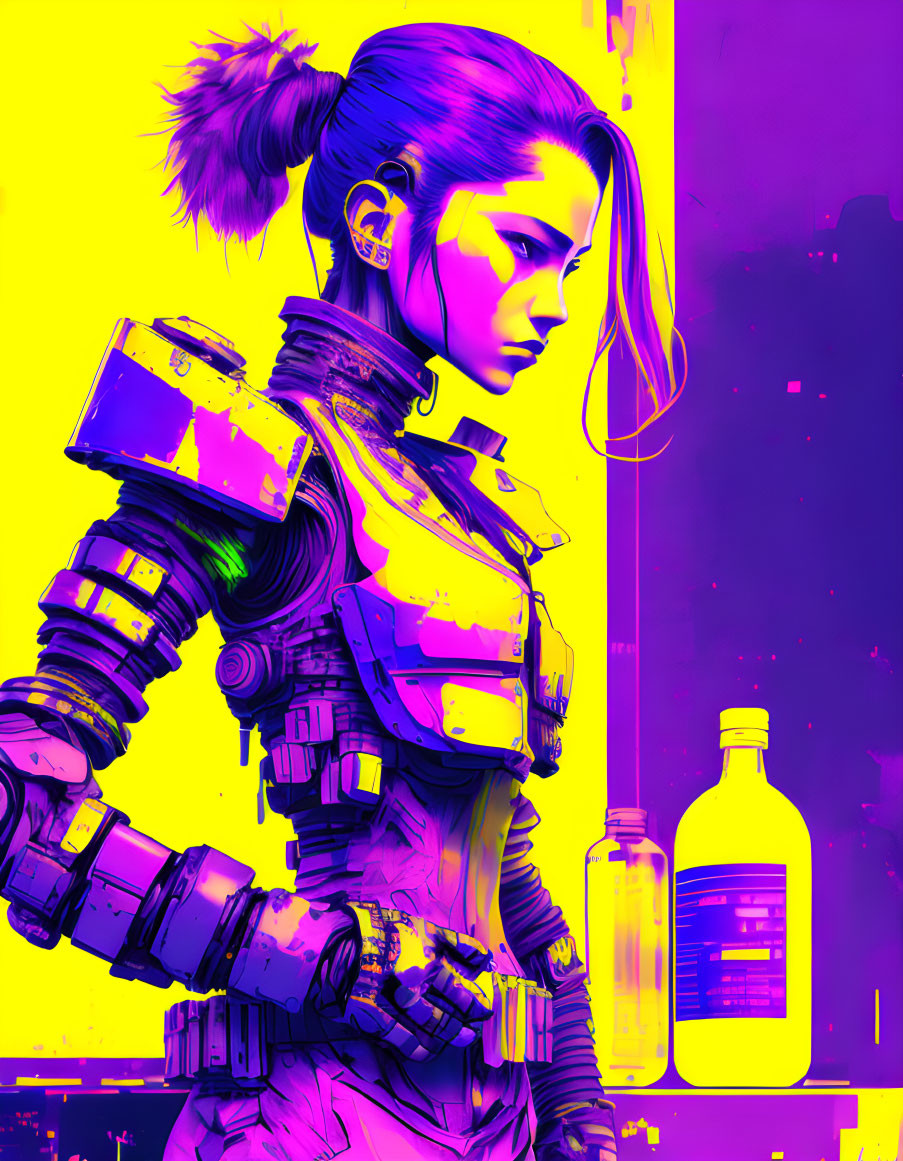 Female cyberpunk character with robotic arms and purple-yellow neon theme