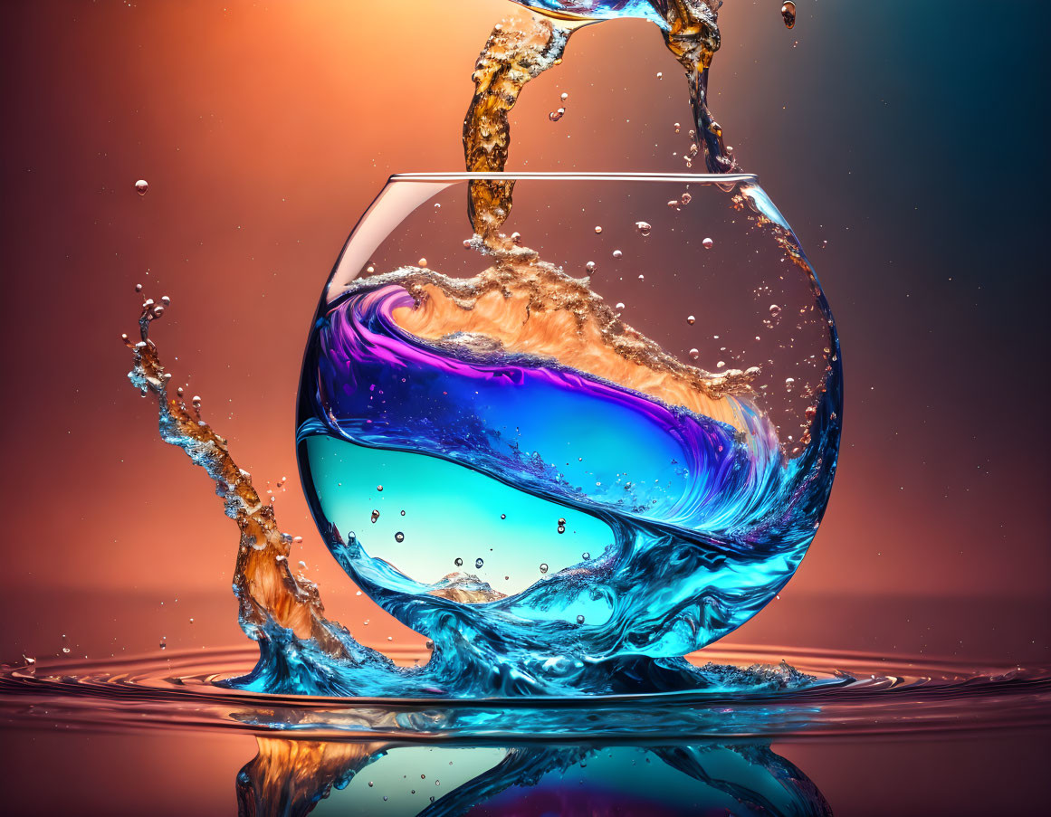 Swirling blue liquid in glass on amber background with droplets