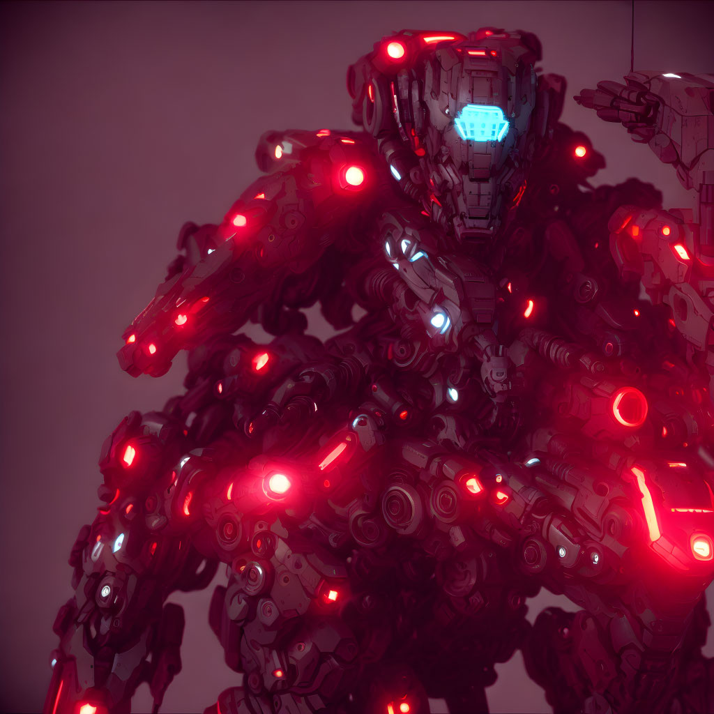 Futuristic red and grey robot with glowing lights on pink background