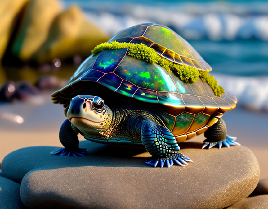 Digital artwork: Turtle with green hexagon-patterned shell and digital circuitry, beach setting