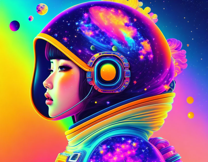 Female astronaut illustration with galaxy helmet on cosmic background