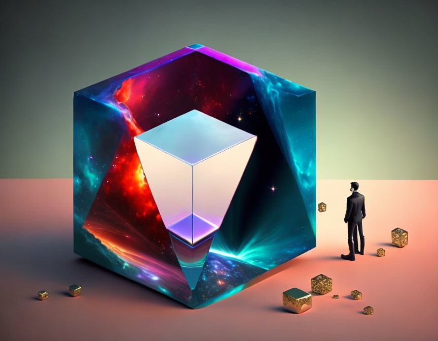 Businessperson in suit gazes at surreal space-themed cube and smaller cubes, evoking wonder