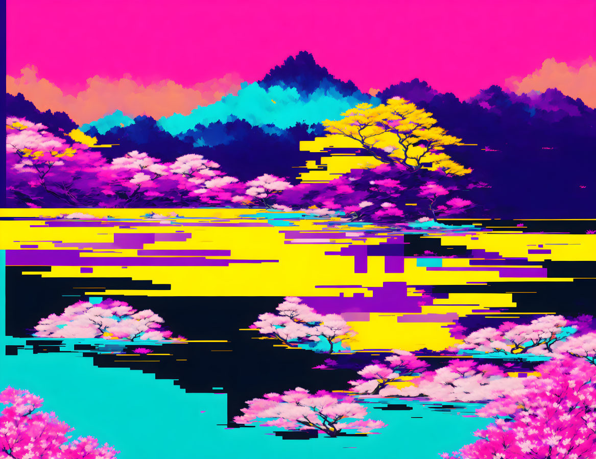 Neon pink and blue glitch-art landscape with distorted trees and water reflections