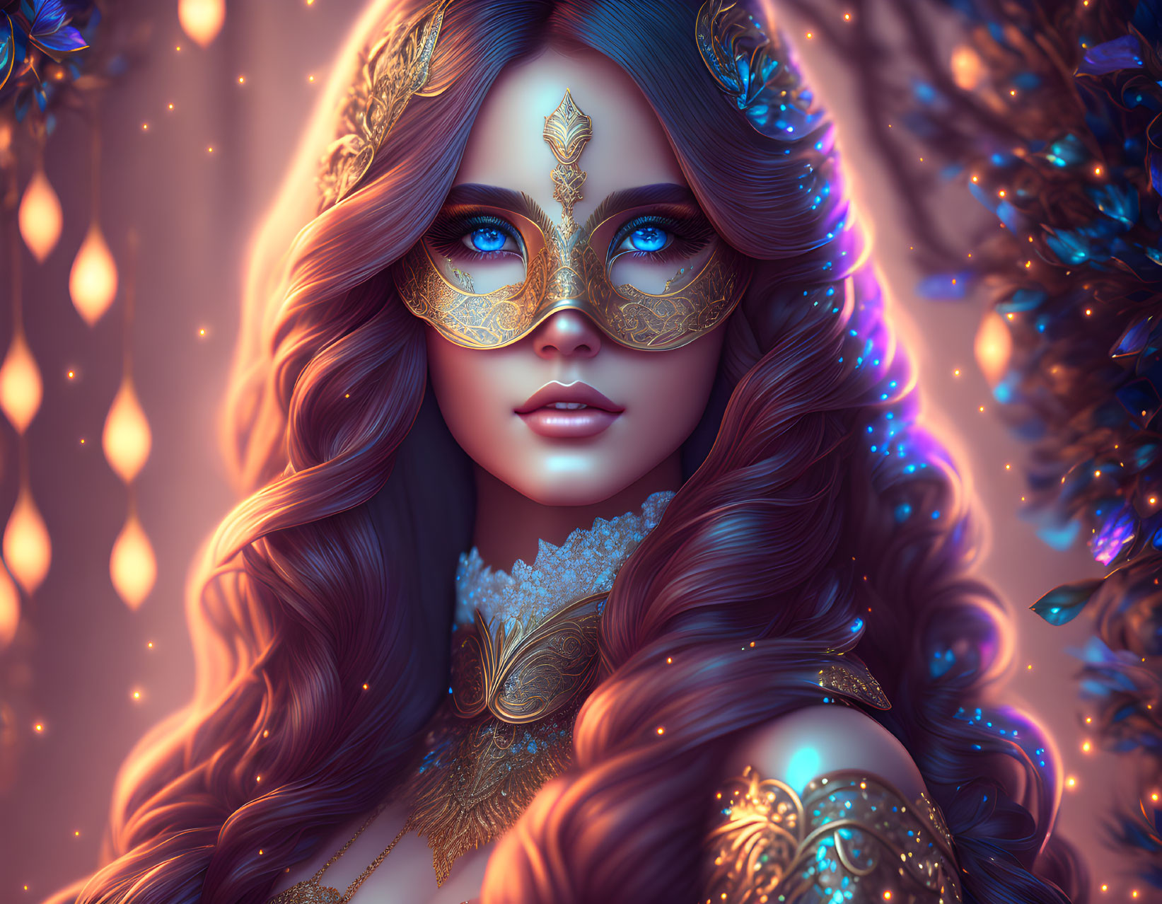 Detailed digital illustration: Woman with blue eyes, curly hair, ornate golden mask, and jewelry against