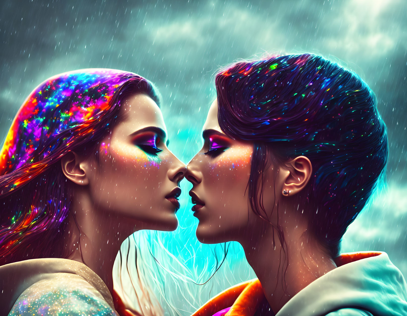 Vibrant women with colorful skin and hair under rainy sky