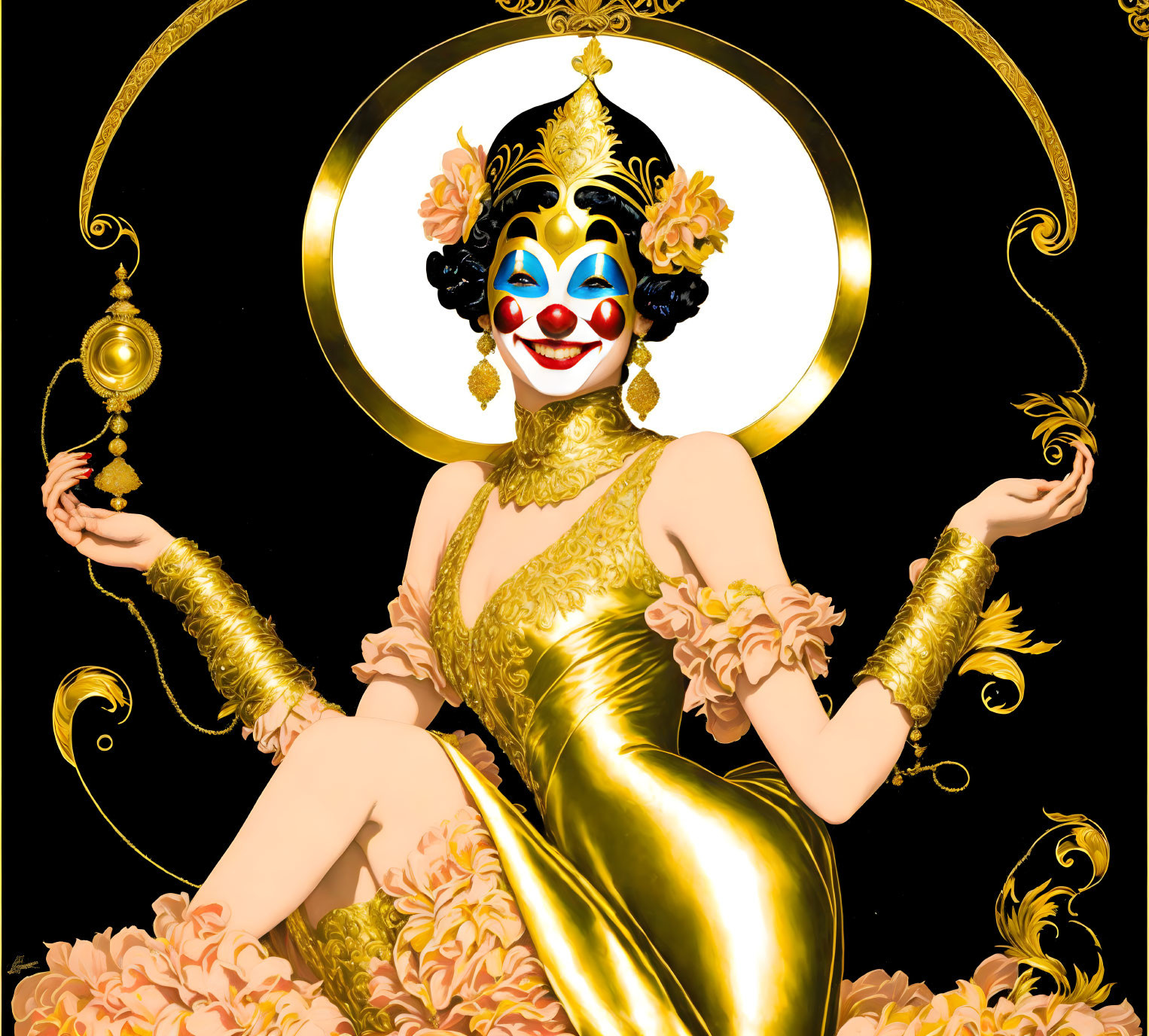 Illustrated figure in blue-and-white mask with golden attire sitting among flowers