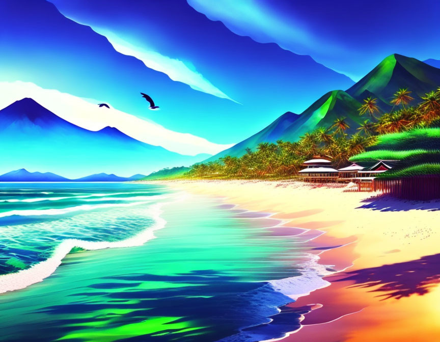 Tropical Beach Scene with Blue Waters, Green Mountains, Palm Trees, Huts, and Birds