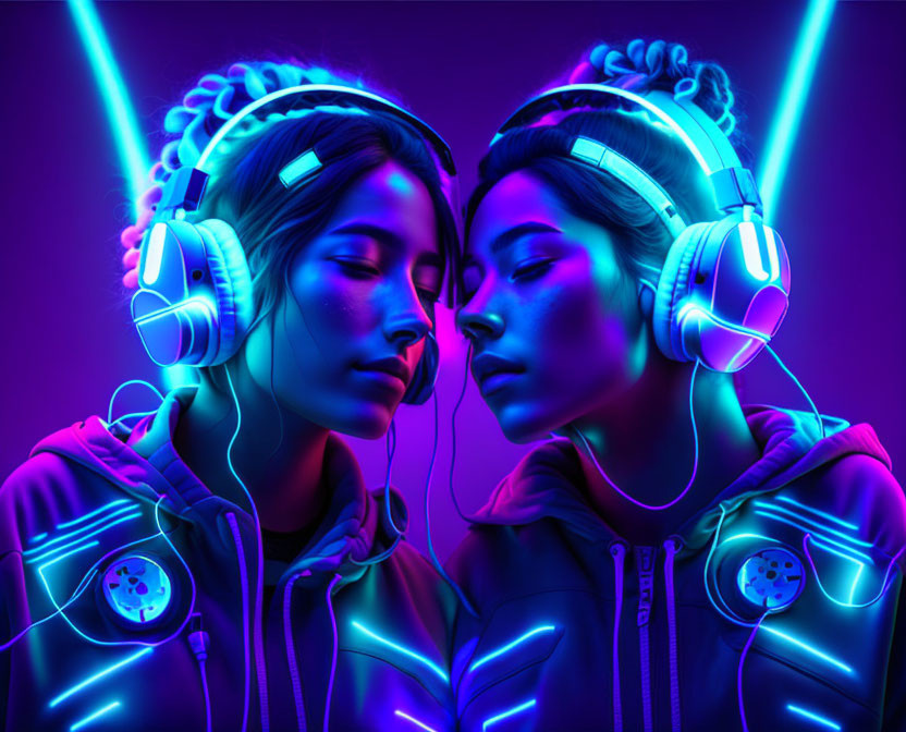 Neon-lit backdrop with two people mirroring each other in headphones