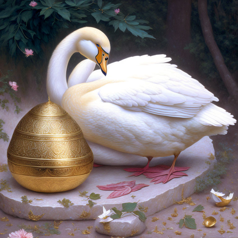 White Swan with Golden Egg Among Petals and Coins in Serene Setting