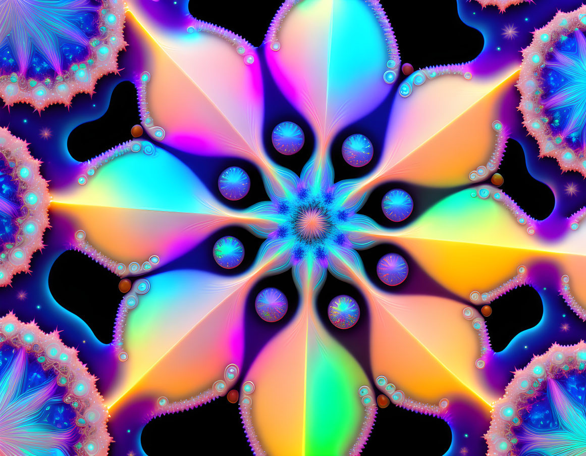 Colorful fractal image with star-like pattern and mandala designs on black background