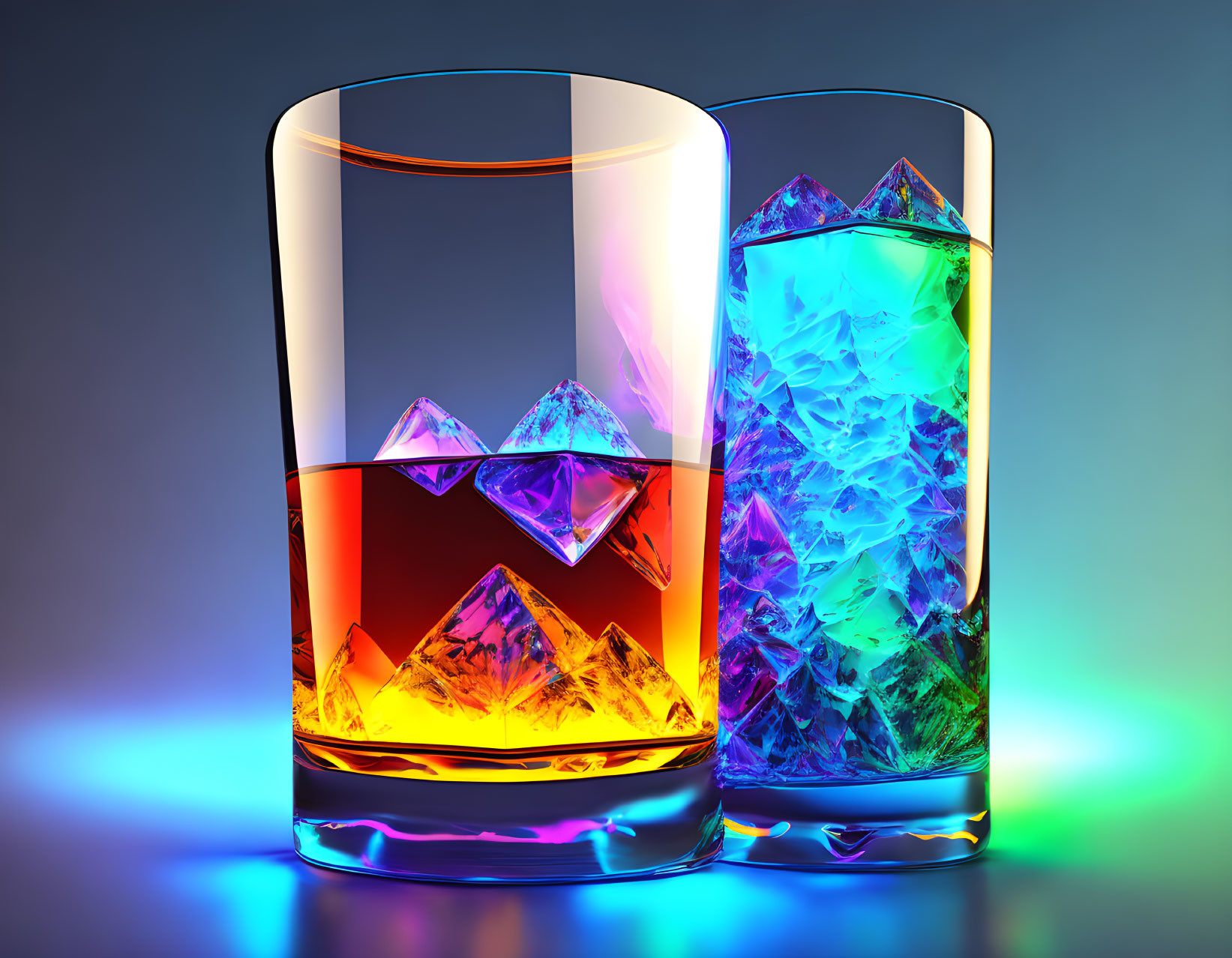 Colorful Liquid Glasses with Ice Cubes Under Neon Lights