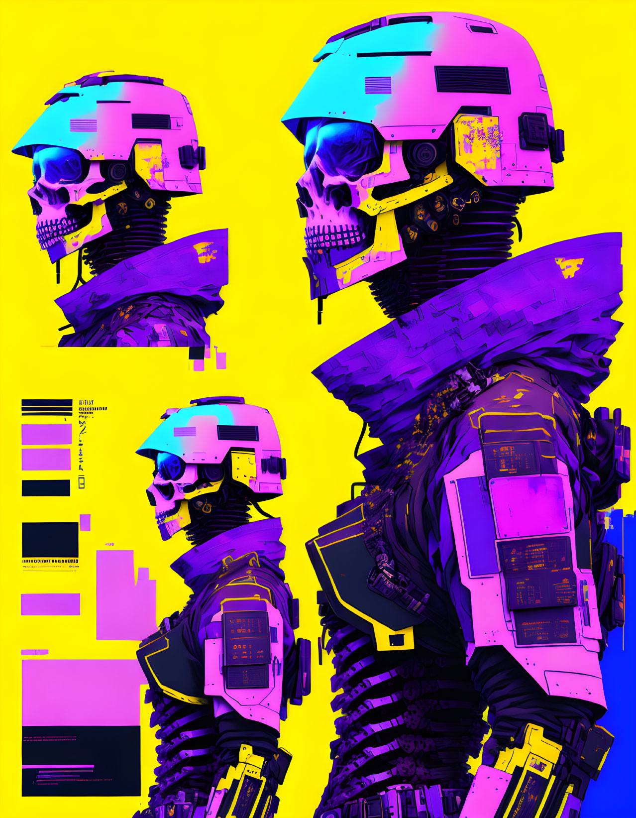 Vibrant digital artwork: humanoid skulls in futuristic design on yellow backdrop