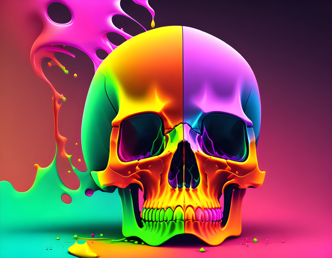 Colorful Rainbow Skull Against Liquid Splash Background