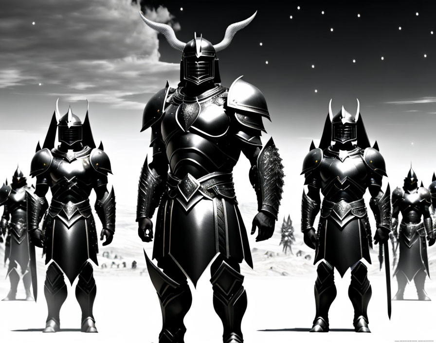 Five armored knights with horned helmets under starry sky on barren landscape