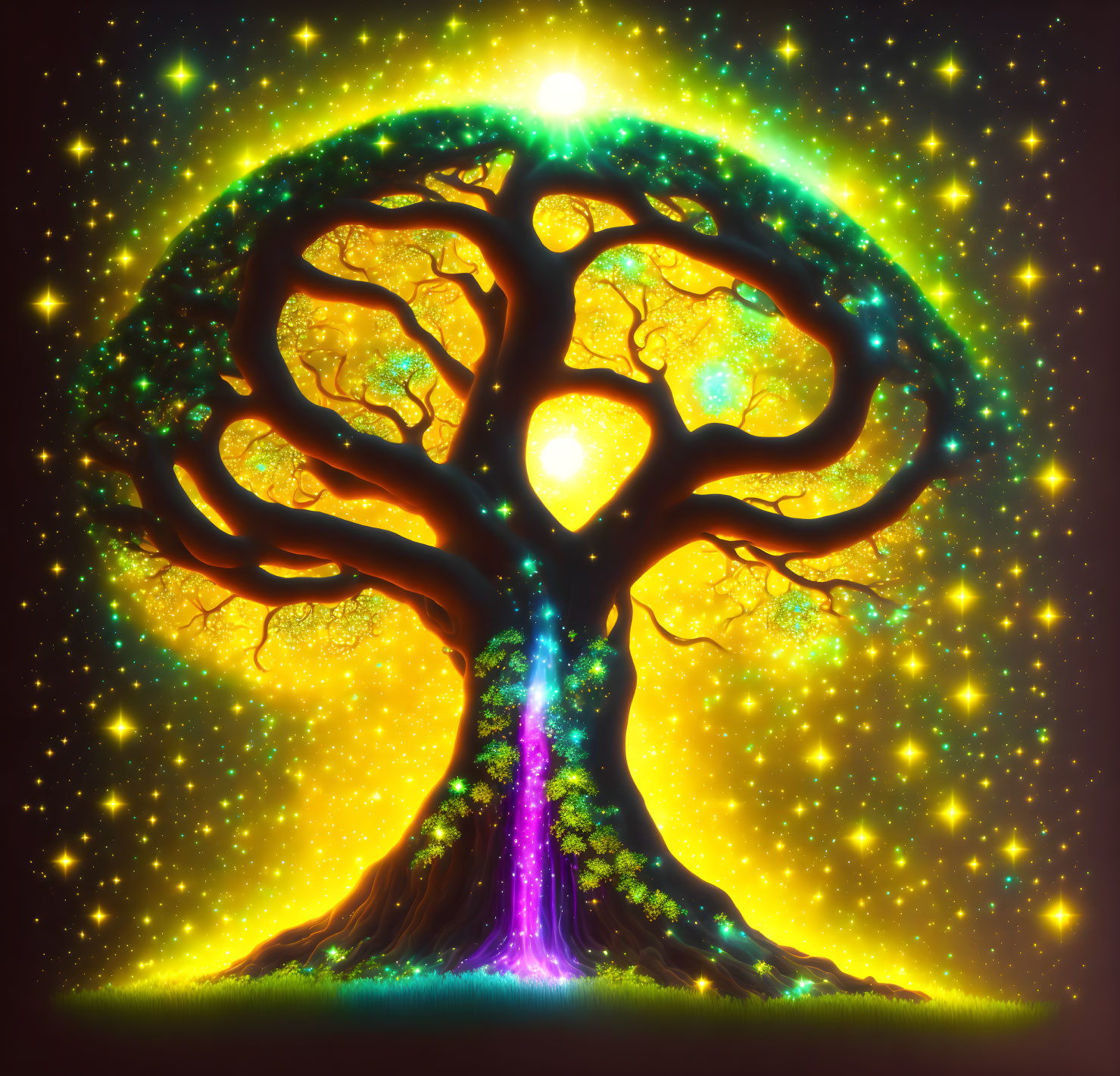 Mystical tree with luminous leaves and pink light on golden starry background