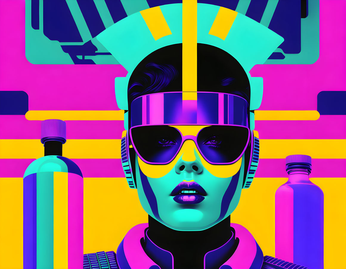 Colorful Pop Art Style Illustration of Person with Futuristic Sunglasses and Headgear