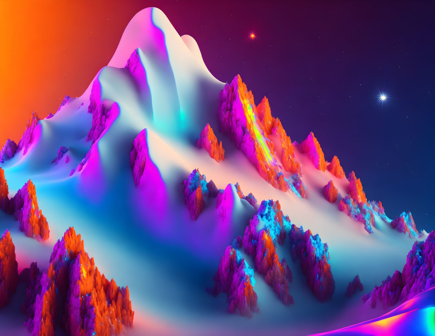 Surreal landscape digital artwork with snowy peaks and neon colors