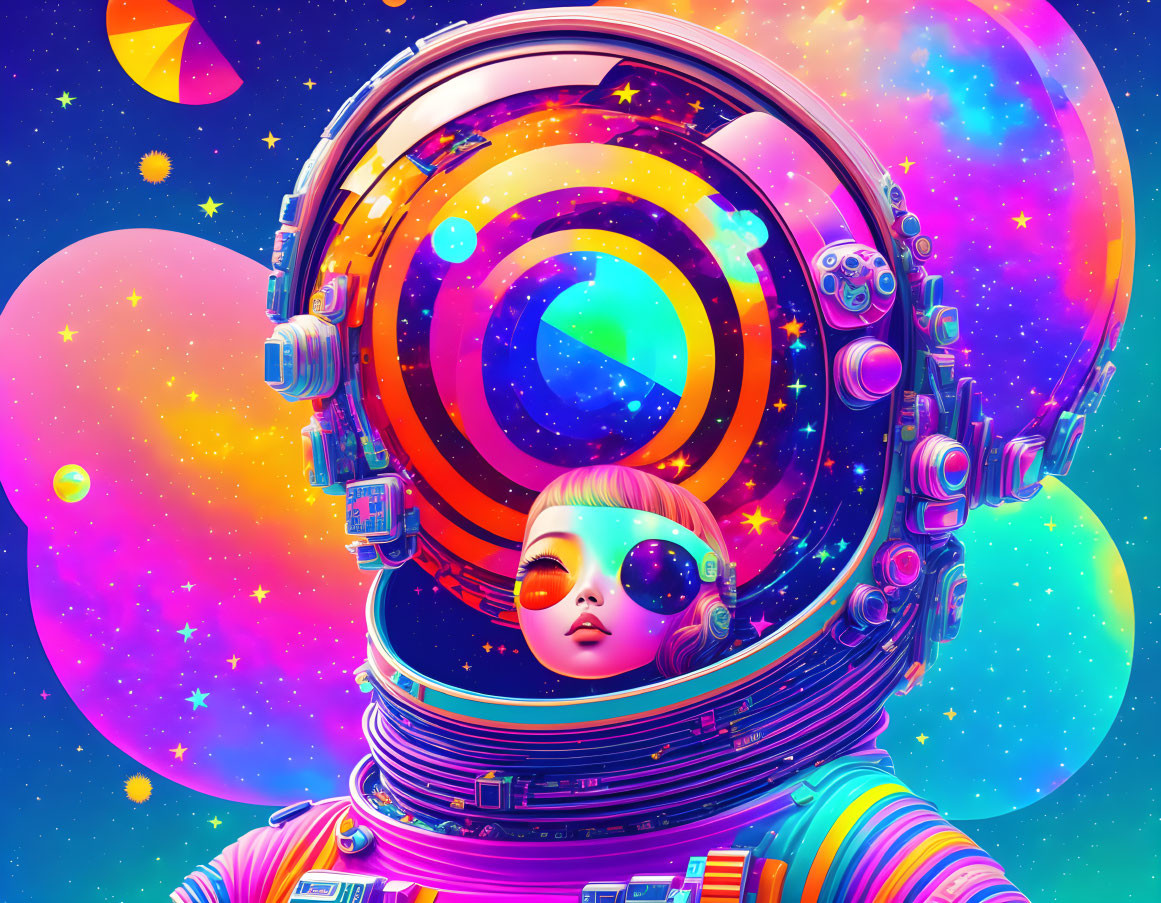 Colorful astronaut digital artwork on psychedelic space background