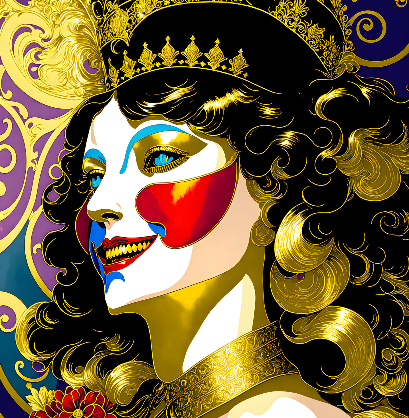 Colorful Smiling Woman with Crown and Face Paint on Decorative Background