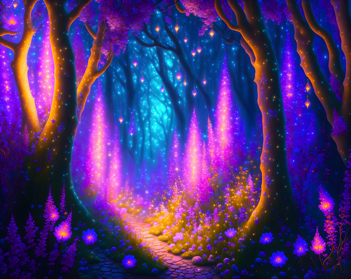 Enchanting forest path with glowing flora and twisted trees