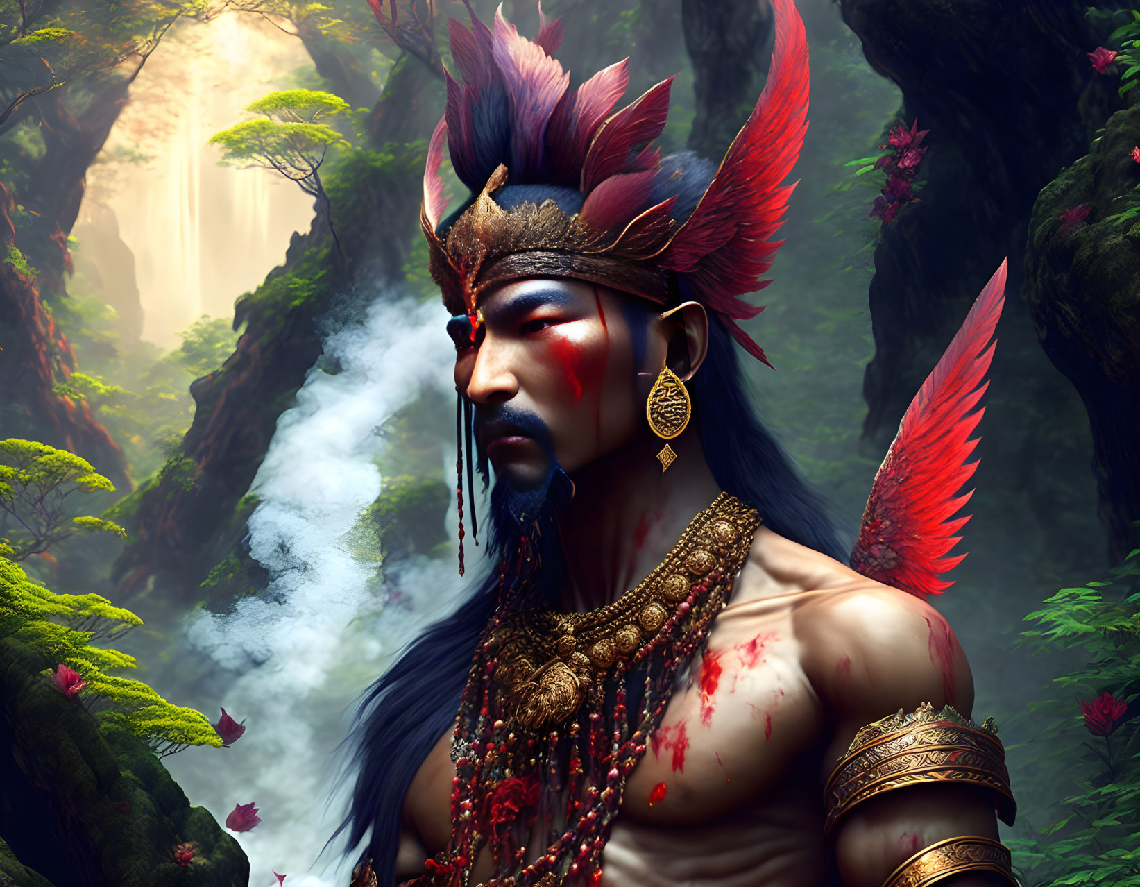 Mystical tribal warrior in feather headdress with face paint in lush forest