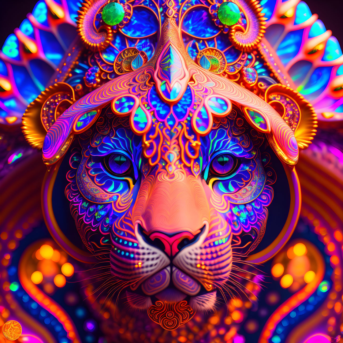 Colorful Stylized Lion Head Artwork with Intricate Patterns and Jewels